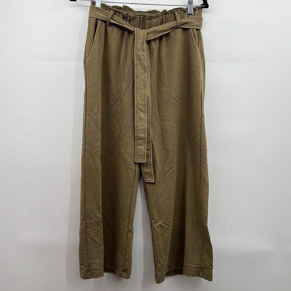 🆕Olive Green French Terry Paperbag Waist Tie High Waist Wide Leg Pants S,M & L - Picture 11 of 16